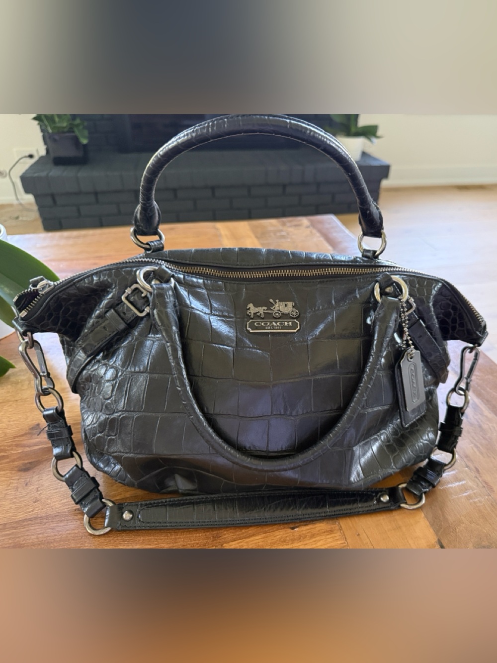 Coach Black Croc-Embossed Leather Shoulder Satchel